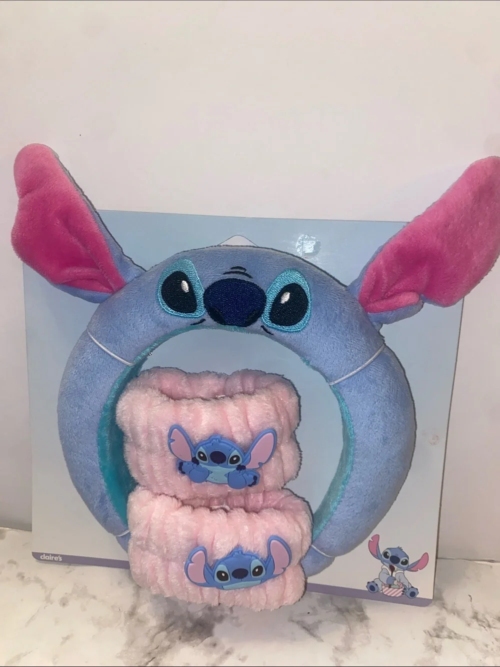 Claire's Blue & Pink Stitch Plush Headband with Pink Wrist Cuffs